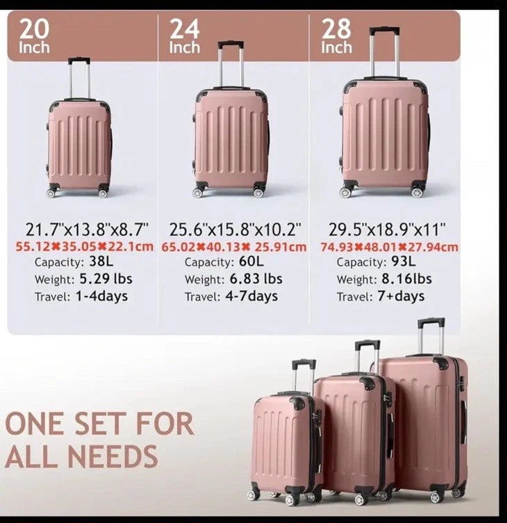 Nuevo 3 PIEZAS 20/24/28" Equipaje Bolsa de Viaje ABS Trolley Maleta Rígida con Bloqueo TSA Foto 4 de 4