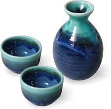 Mino Ware Turquoise Blue Japanese Sake Tokkuri 2 Cups Free UK-EU Shipping