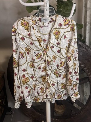 VTG 80s 90s AP Ltd Chain Link Scarf Print Satin Blouse Top Sz 12 Baroque Jewel