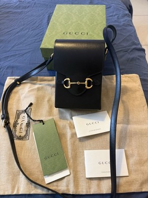 GUCCI 1955 Horsebit Mini Black Leather Crossbody Phone Bag Women Crossbody Box