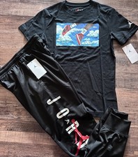 NWT Nike Air Jordan Boys YMD Black/White/Red Shoes Jogger Pants Set Medium
