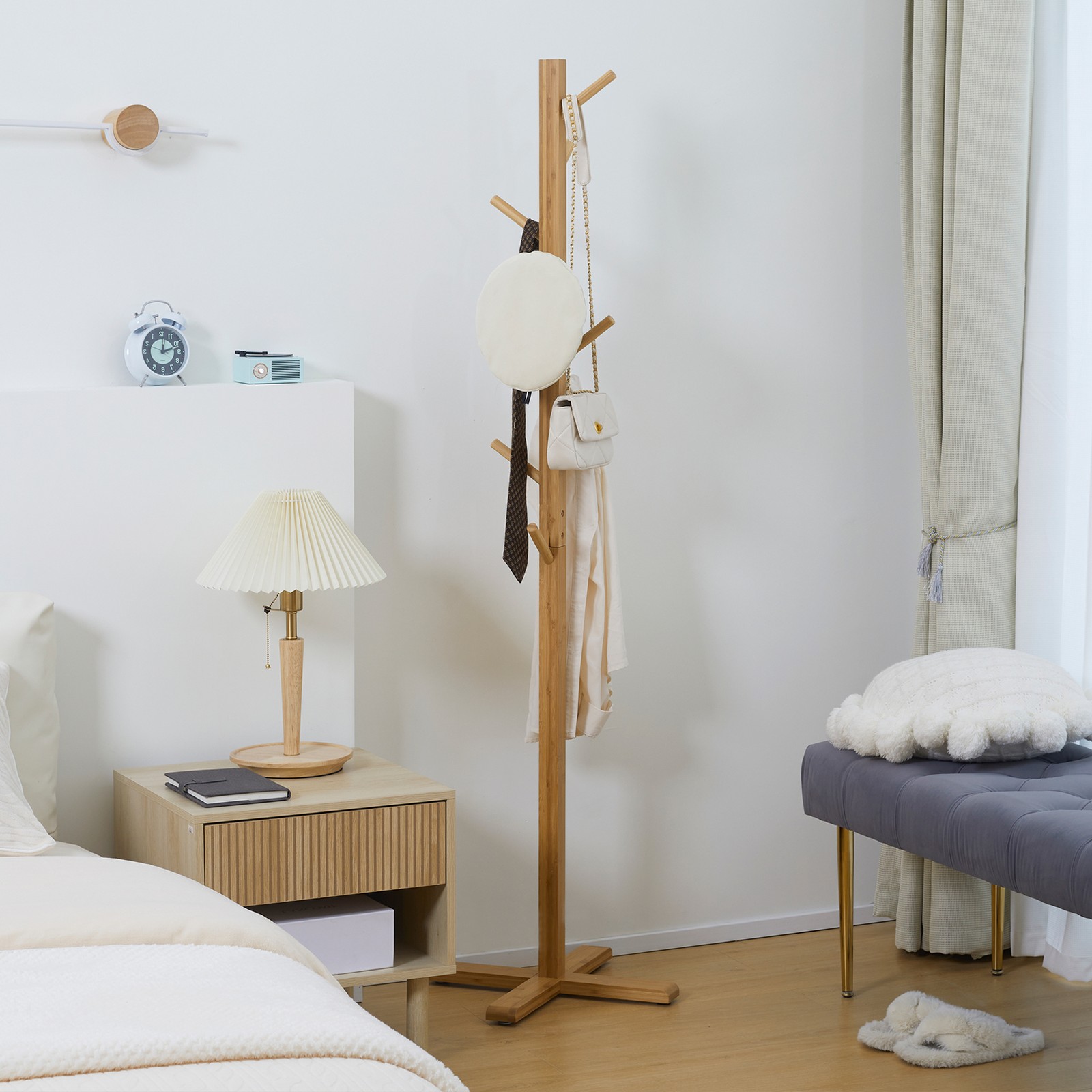 Appendiabiti da Terra Moderno HOMCOM 178cm | 8 Ganci Legno Bambù - 2