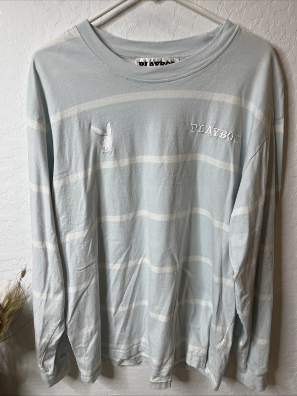 Playboy by Pacsun T-Shirt Mens SZ XL Embroidered Logo Long Sleeve Light Blue