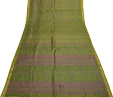 Sushila Vintage Green Saree 100 Pure Silk Printed Paisley Soft Craft Fabric
