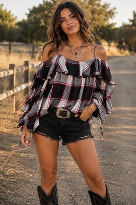 LOFT Plaid Off Shoulder Top Coastal Cowgirl Festival Whimsigoth L Blouse NN14