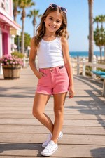 DKNY Pink Distressed Denim Shorts Girls Size 8 Stretch Raw Hem Casual Bright