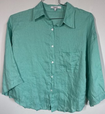 Berlook Women's 100% Aqua Linen 3/4 Flared Sleeves Size S Oversized Coastalcore