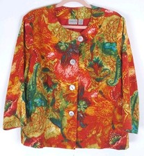 Chicos Button Up Jacket Sz 2 L Floral Paisley Lined Textured 100 Cotton Boho