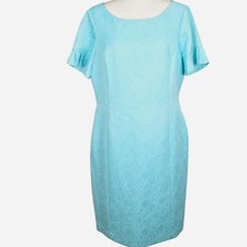 Talbots Dress Women 14 Aqua Blue Floral Textured Jacquard Sheath Party Summer