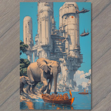 FLATCARD Floating Towers Futuristic City Elephants Boats Sci-Fi Fantasy