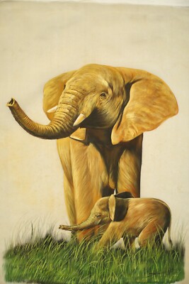 Handmade Realistic Art Elephant Painting On Silk Cloth Home Decor 22x27 Inches