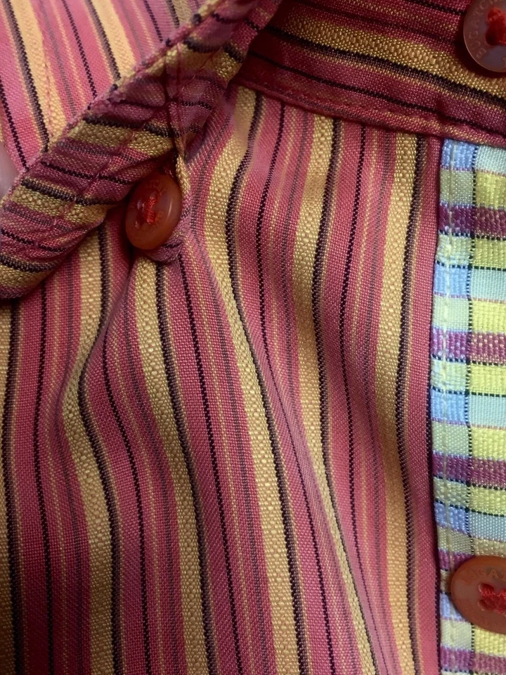 Bugatchi Uomo Shirt Flip Cuff Stripe Plaid Contrast Orange Yellow Salmon - Image 3 of 4