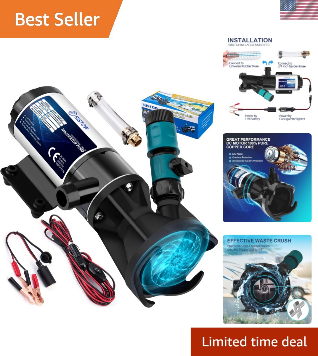 Portable 12V Macerator Pump with Quick-Release Garden Hose for Waste Disposal