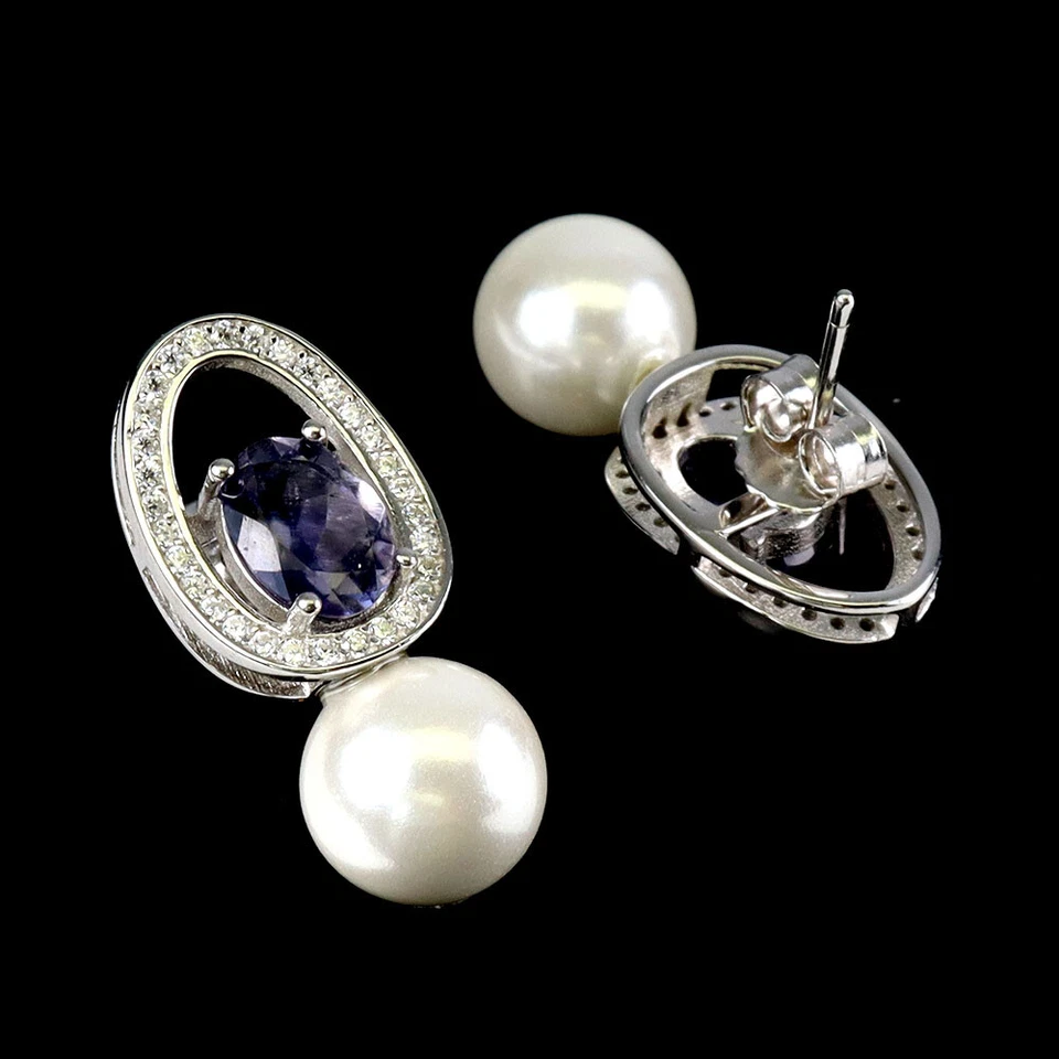 Pendientes de plata de ley 925 ovalados de iolita 8x6 mm fregona joyas de piedras preciosas naturales Foto 3 de 4