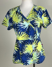 KOI Stretch S/S 'Joelle' Floral Stretch Cotton V-Neck Scrub Top- M, Yellow Blue