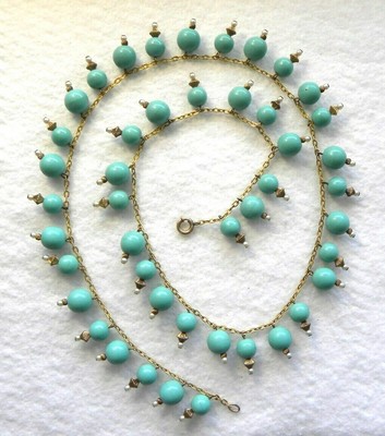 Vintage Early Miriam Haskell Turquoise Bead Necklace Pearl Gold Tone