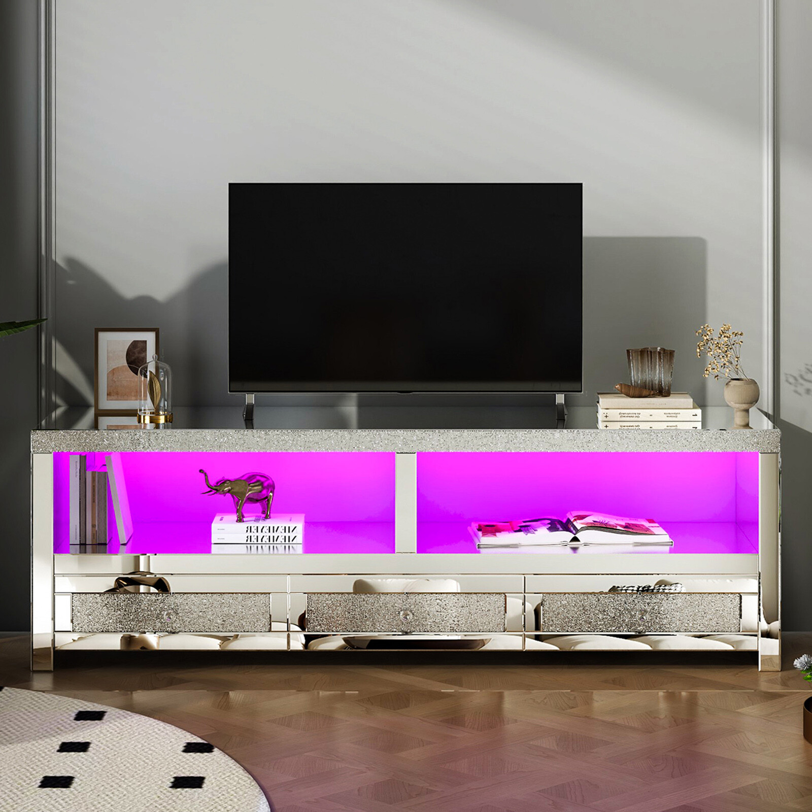 Modern 55" Mirrored LED TV Stand Entertainment Center with 3 Drawers, 2 Shelves