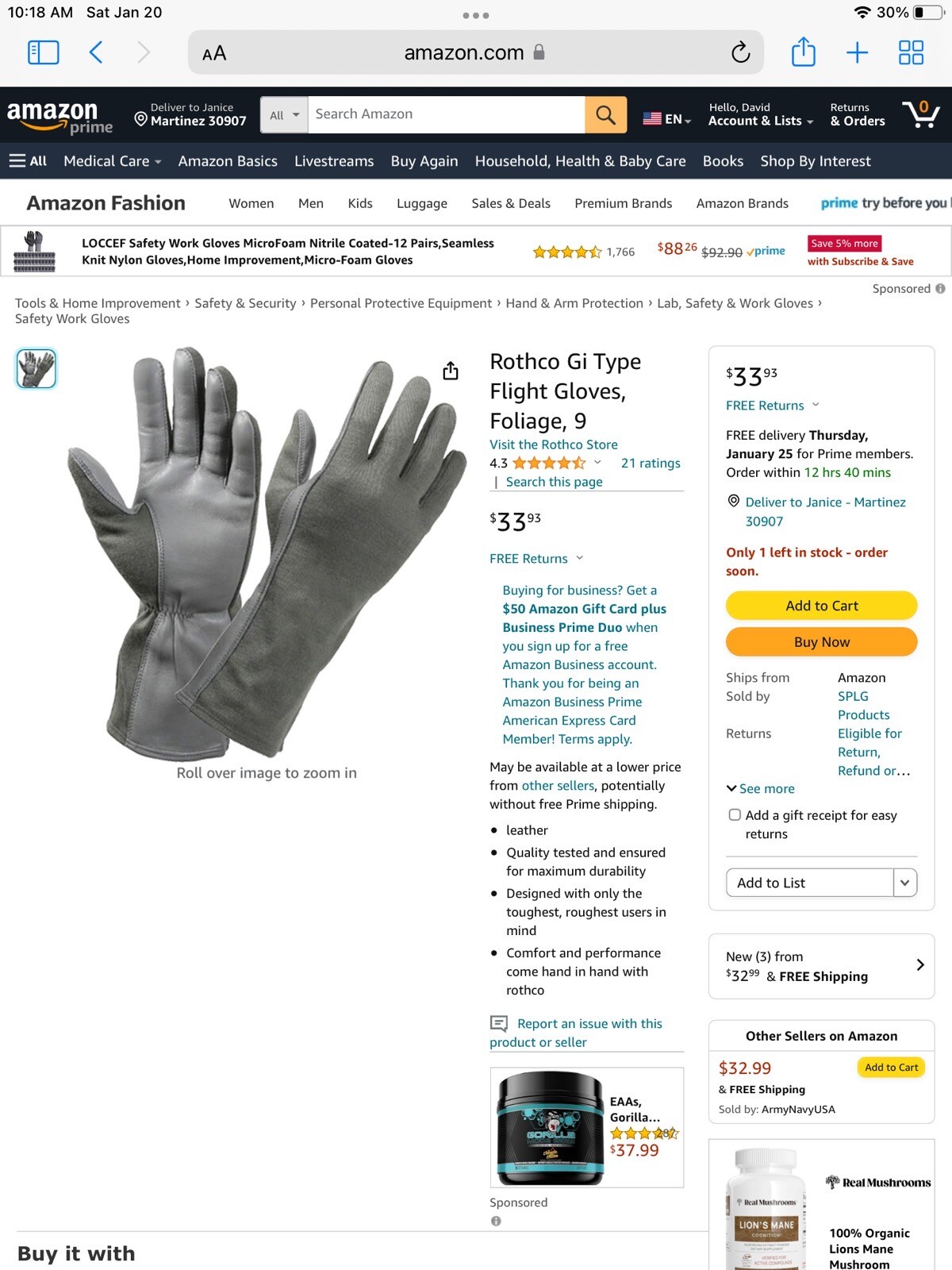 GLOVES, FLYER'S SUMMER, GREEN-SIZE 9, Flame Resistant, Foliage Green Color-image