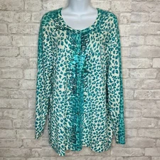 Quacker Factory Knit Cardigan Sweater Large Turquoise Sequin Trim Leopard Print