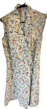 VTG Smart Time Striped Floral Tie Wrap Sleeveless Dress Ruffle Collar Pockets