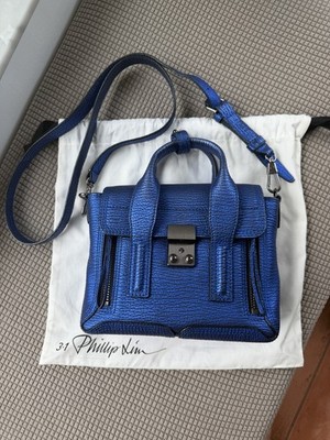 3.1 Phillip Lim Blue Small Satchel Top Handle Pebbled Push Lock Detach Strap
