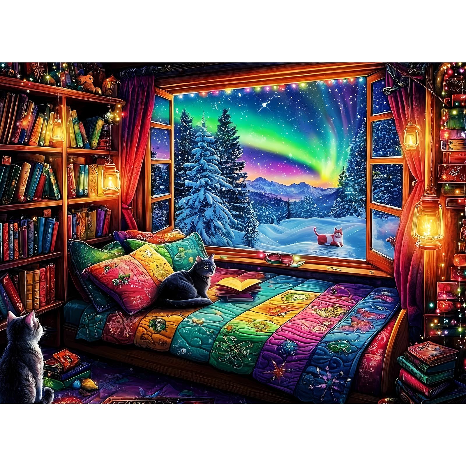 300 Pieces Puzzles for Adults | Winter Aurora Cat Jigsaw Puzzles | Large