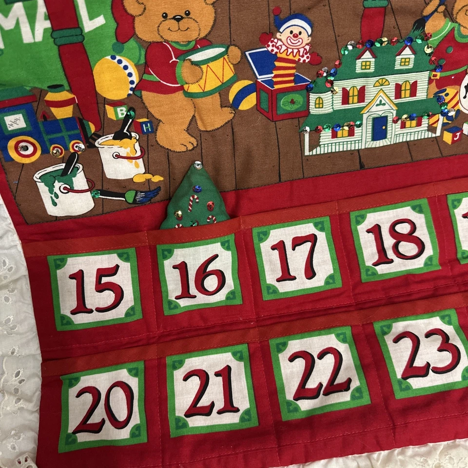 Vintage Beary Merry Christmas Santa's Workshop Fabric Advent Calendar Hanging 3D - Image 3 of 4