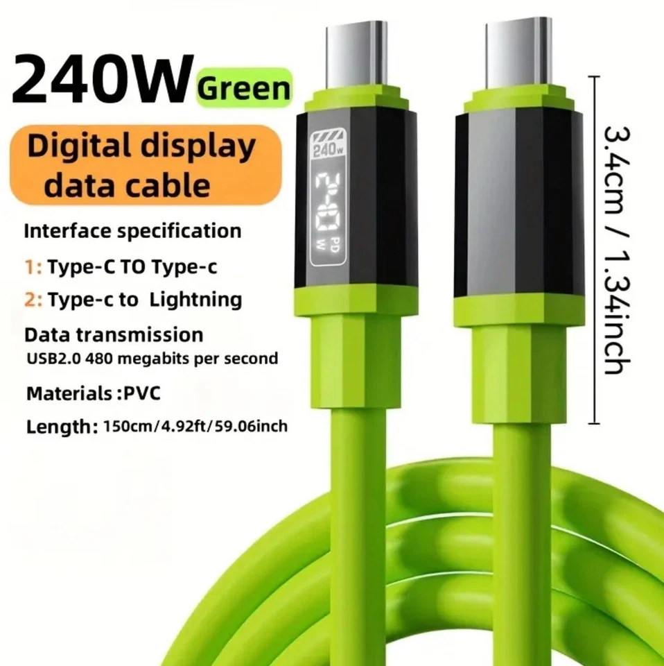 240 Watt USB-C to USB-C Cable PD Fast Charger Cord For Samsung/iPhone 15 16 17 - Image 2 of 4