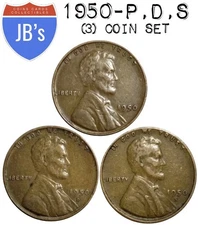 1950 P D S Lincoln Wheat Cents (3) Coins Average Circulated/Better *JB's Coins*