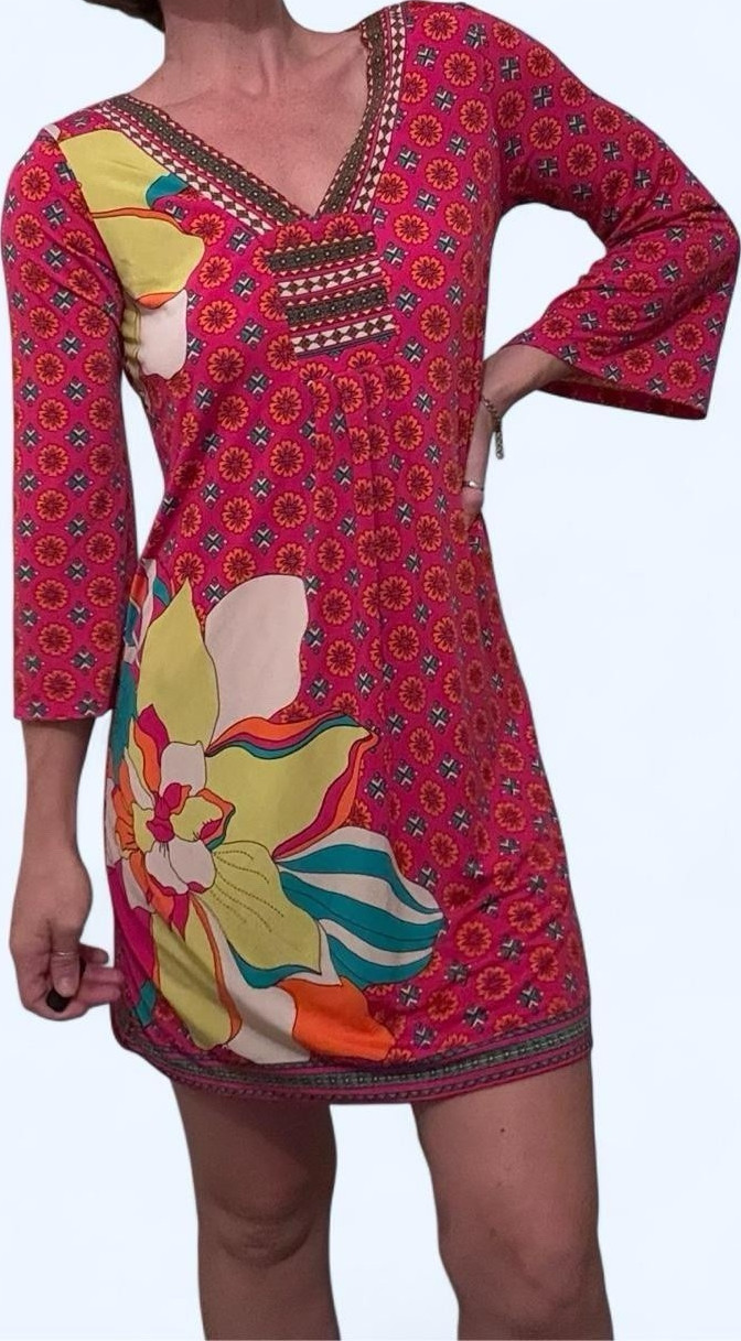 Pink Floral Geometric Embroidered Shift Dress V-Neck 3/4 Sleeve Women Short