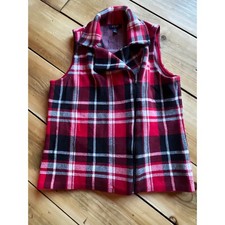 CHAPS Sweater Vest Womens Red Black Plaid Asymmetrical Zip Front Collared Large