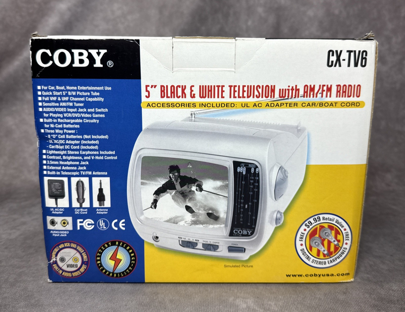 Coby CX-TV6 5" Portable Black White CRT TV AM/FM Radio 480i 