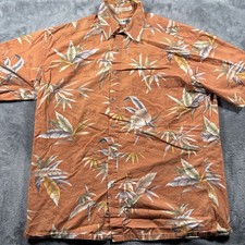 Campia Moda Hawaiian Cotton Shirt Mens Medium Orange Palm Leaf Print Button Up
