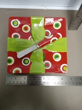 Fitz And Floyd Snack Plate & Spreader Knife Set Christmas Red 6” Square NEW