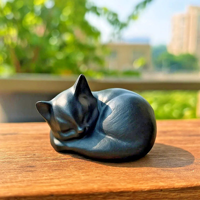 Handmade Obsidian Cat Figurine Sleeping Cat Crystal Carving Healing Decor Gift
