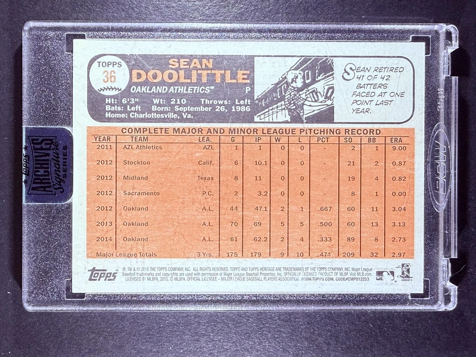 2018 Topps Archives Signature #36 Sean Doolittle #/99 SP Athletics Auto - Image 2 of 2
