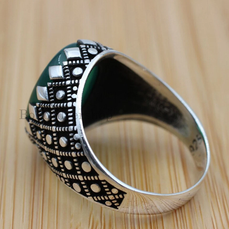 Mens Green Onyx Rings 925 Sterling Silver Handmade Turkish Ottoman Jewelry #415 - Image 3 of 4