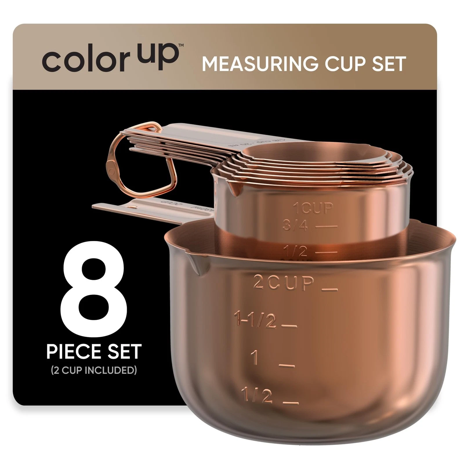 Color Up Measuring Cup Set, 8 Piece – Includes 2 Cup, Copper Finish, Stainles...