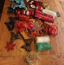 Christmas Ribbon Deco Mesh Craft Lot Wired Ribbon Picks Ornaments Bows Butterfly