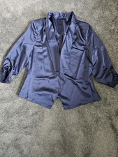 Womens Navy Satin Waterfall Blazer Size L Ruched Sleeve Open Front Evening Jacke