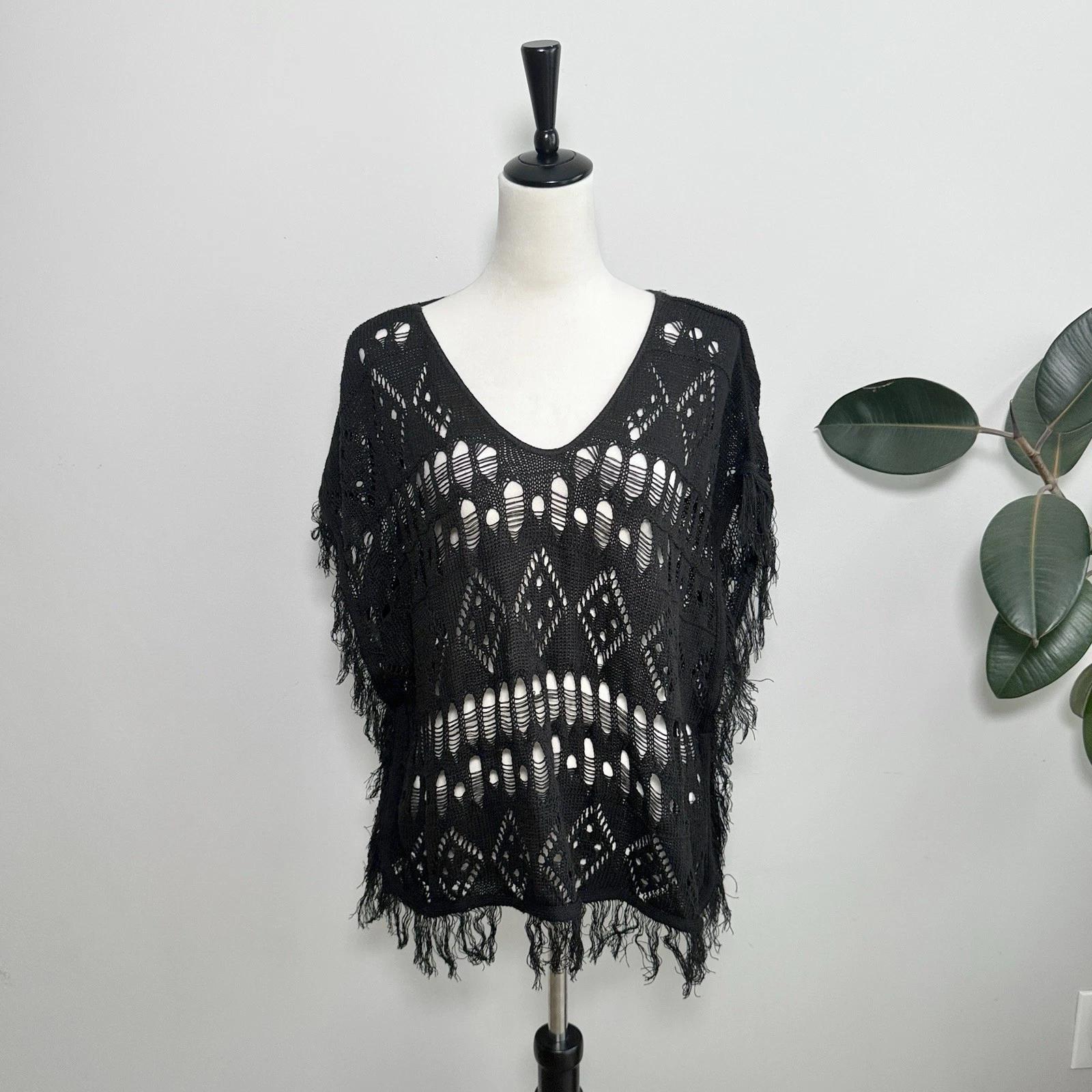 Wet Seal Black Knit Crochet Fringe Poncho Size S NWT Bohemian