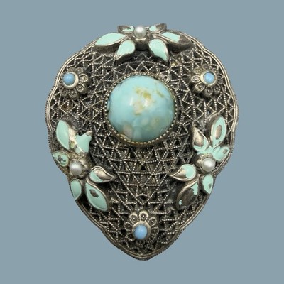 Antique Czech Glass Filigree Enamel Turquoise Blue Fur Dress Clip Brooch NEIGER?