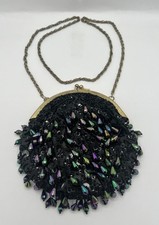 Vintage Black Bead Sequins Change Purse Cocktail Vintage Long Chain Gold Accents