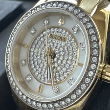 Bulova Gold Tone White Dial Crystal Quartz Women's Watch 2 Bracelets 98L315