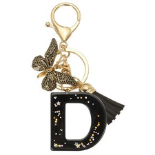 Initial Letter Keychain, Cute Butterfly Keychain with Tassel Letter D, Black