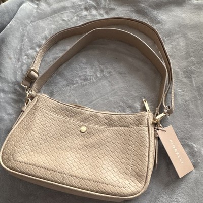 Shoulder Bag Gold Hardware Zip Closure Inner Pockets Fiorelli Beige Woven
