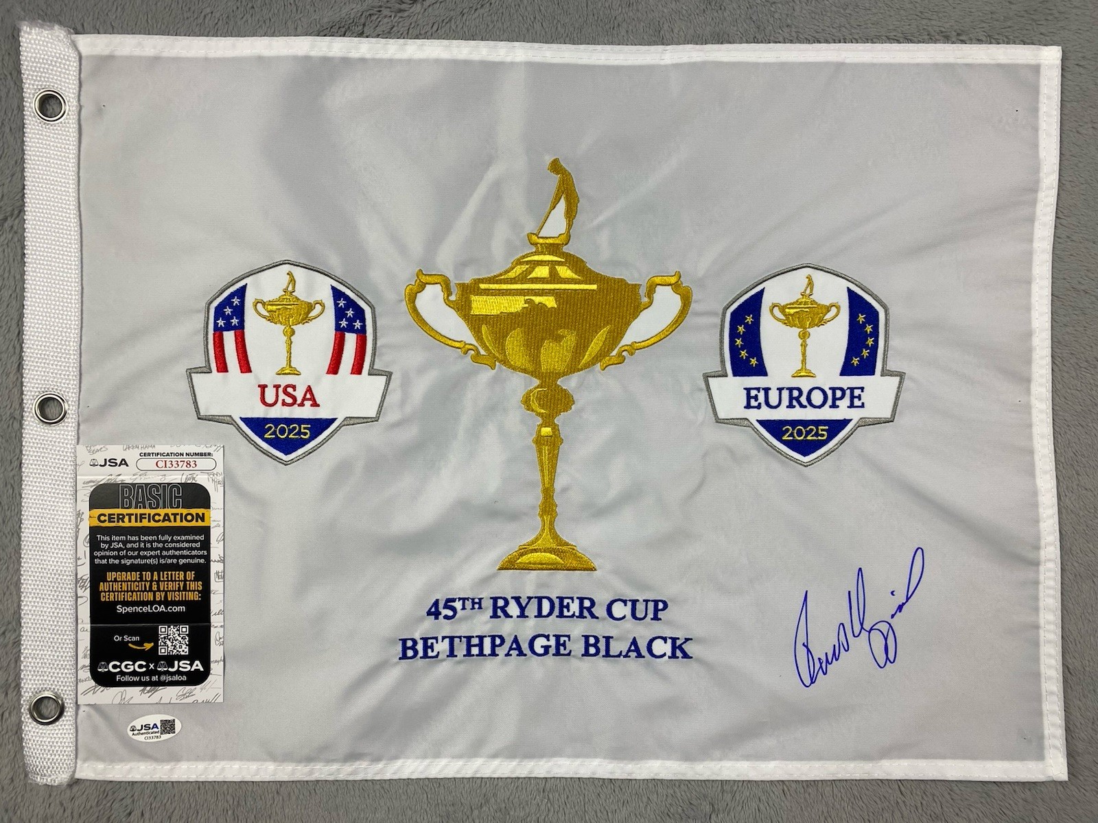 Rasmus Hojgaard Autographed Signed 2025 RYDER CUP EUROPE EMBROIDERED PIN FLAG JSA CI33783 