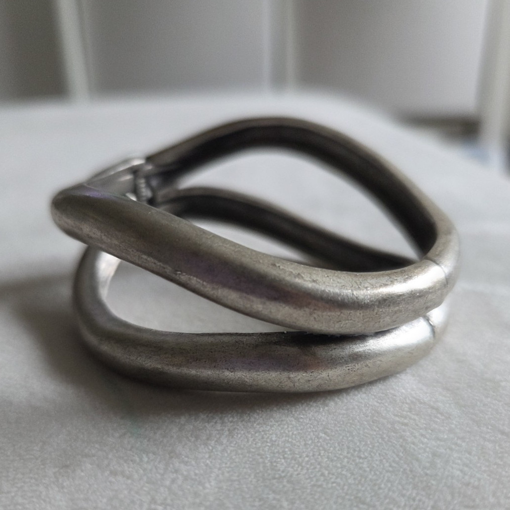 Silver Tone Metal Hinged Cuff Bracelet, Stackable, Asymmetrical, No Stone