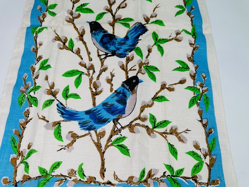 Vintage Belcrest Prints Pure Linen Blue Birds Tea Towel NWT - Picture 3 of 4