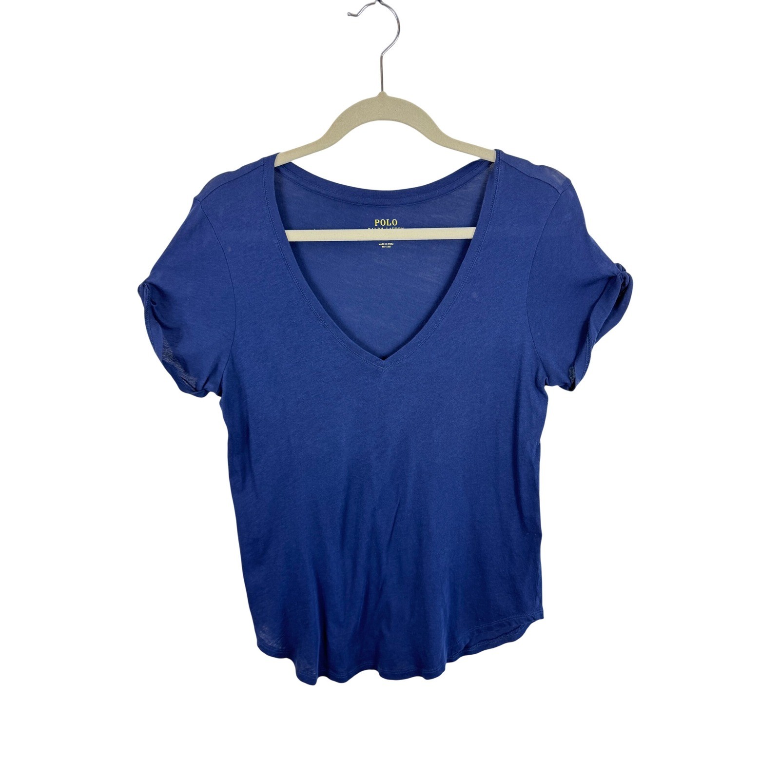 Polo Ralph Lauren Womens Navy Blue V-Neck Cuffed Short Sleeve Cotton T-Shirt M